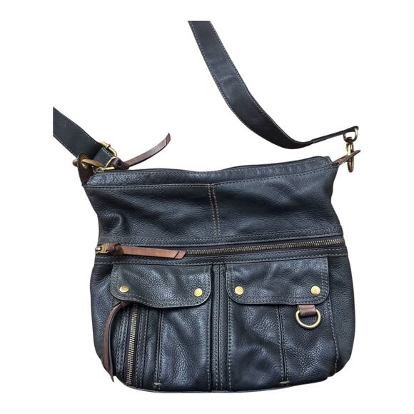 Fossil Black Leather Crossbody Bag –Multi Pocket Messenger Purse, Brass Hardware - Picture 2 of 8